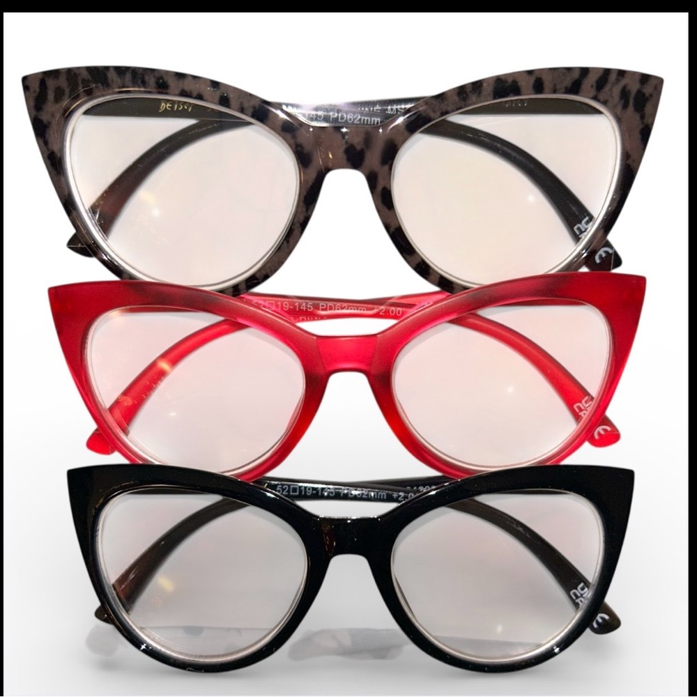 Betsey Johnson Brown, pink, and Black Reading Glasses Trio +2.00 NIB